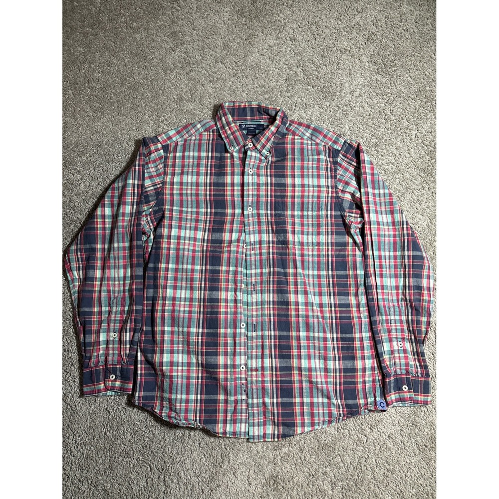 Cremieux Classics Mens Slim Fit Plaid Button Down Shirt Large Red Blue Cotton